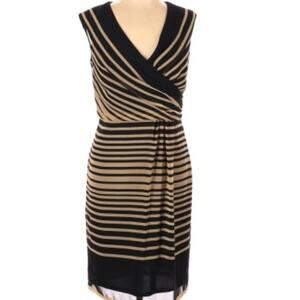 Adrianna Papell tan striped faux wrap v-neck front sleeveless dress woman sz 10